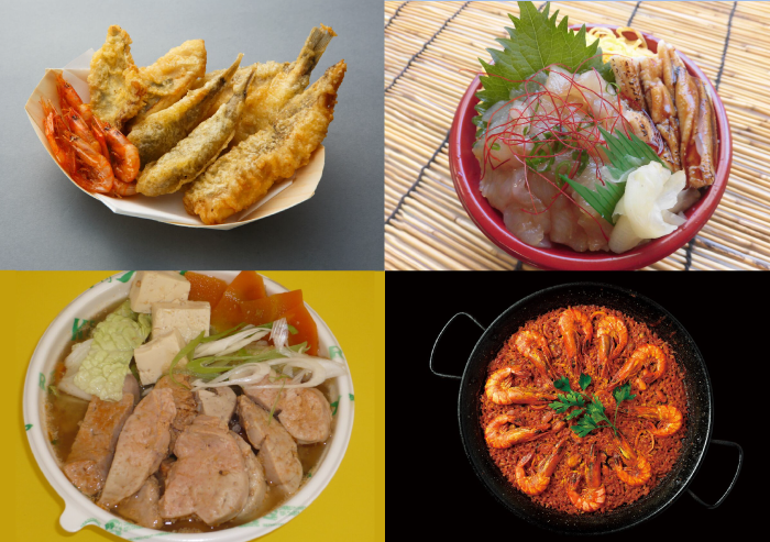 新メニューの愛知県・深海魚天ぷら（左上）、福島県のヒラメと穴子の常磐もの丼（右上）。昨年人気1位の宮城県・あんこう肝鍋（左下）、虎ノ門エル・トラゴンより海鮮パエリア（右下）。